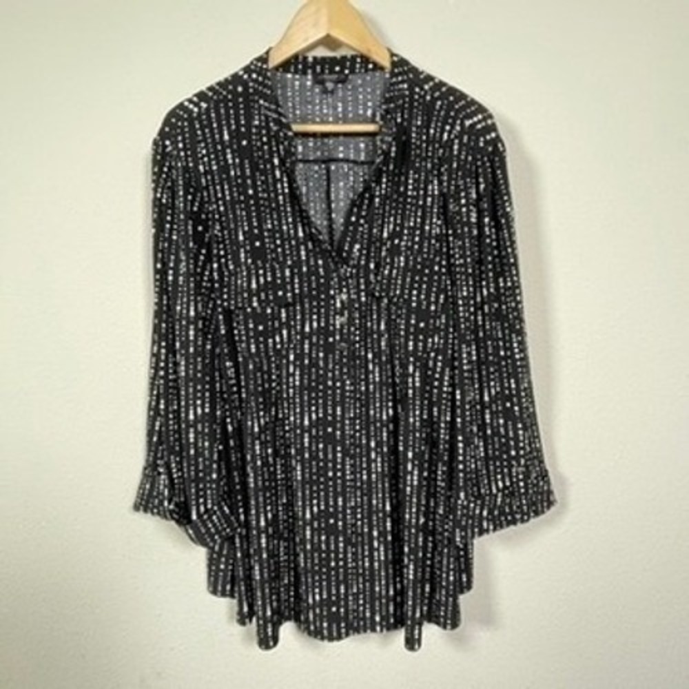 Cocomo Woman Tunic Top‎ Women 3X Black White Dotted Stripe Roll Tab Excellent